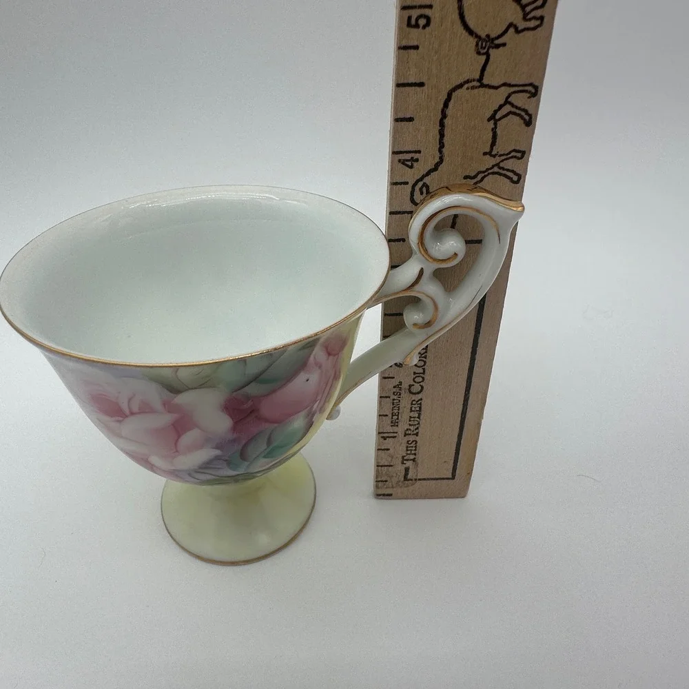 Lefton China Hand Painted Rose Teacup and Saucer Set CY222 Pink Yellow Gold Trim